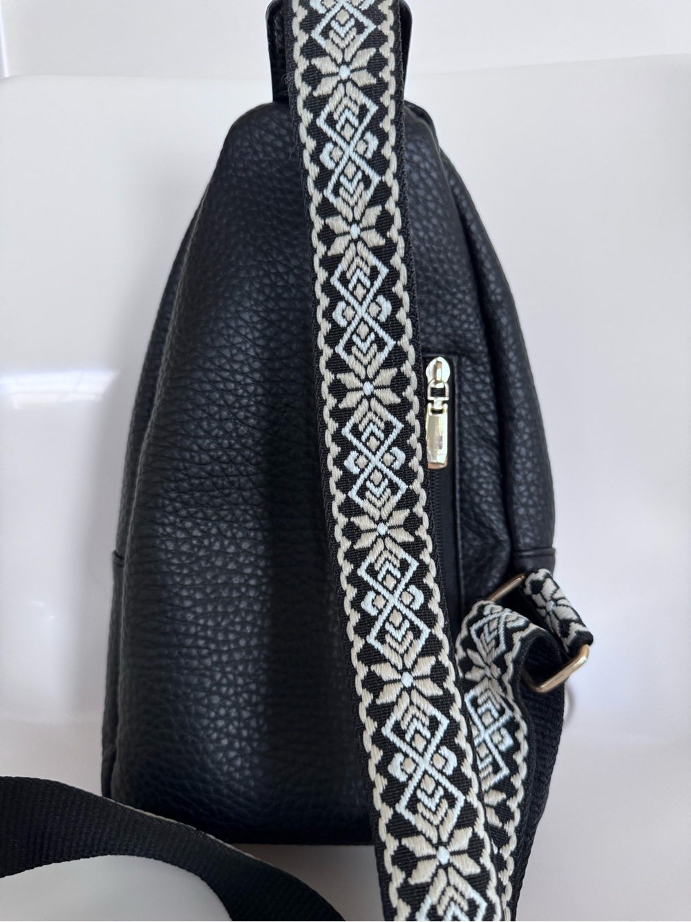 Black Leather Sling Backpack w Embroidered Boho Guitar Strap Crossbody Backpack - Picture 7 of 14